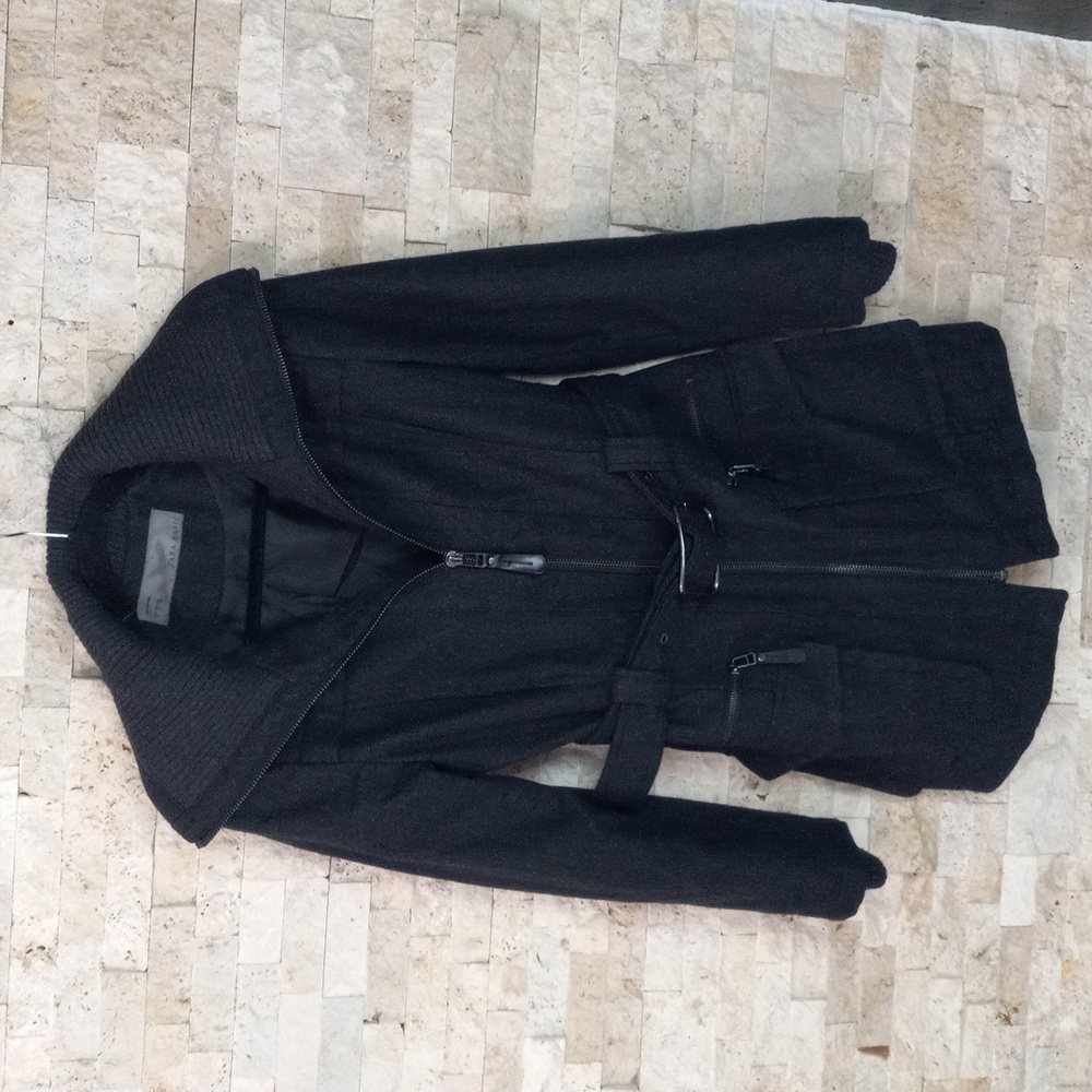ZARA Wool Blend Heavy Jacket Belted Multiple Pockets Gray Sz M